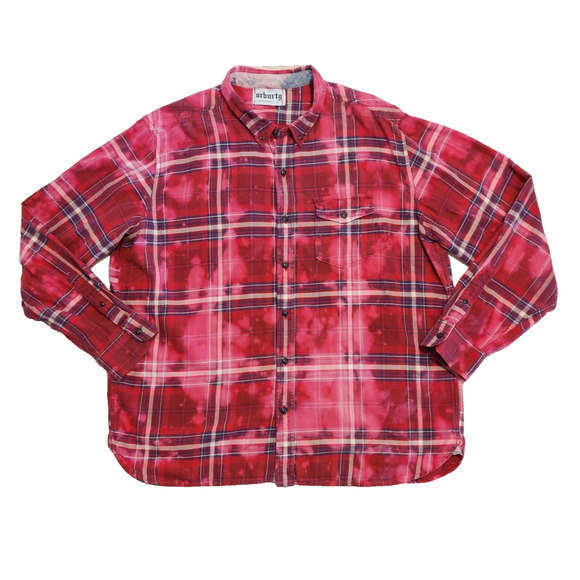 URBNVTG Mens Jakke Patch Flannel Size XL Red Upcycled OOAK 90s Grunge Acid Wash - Picture 2 of 16
